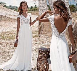 Lace Bohemian Wedding Dresses 2021 V-Neck Brush Train Backless Chiffon Floor Length A-Line Simple Beach Bridal Gowns