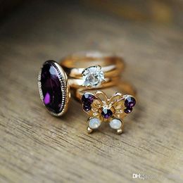 Wedding Rings New Fashion Mysterious Purple Butterfly Flash Jewel Gem Three-piece Gemstone Rings