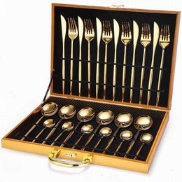 Kitchen Tableware Set Stainless Steel Cutlery 24pcs Fork Spoons Knives Gold Dinnerware Case Eco Friendly 211229