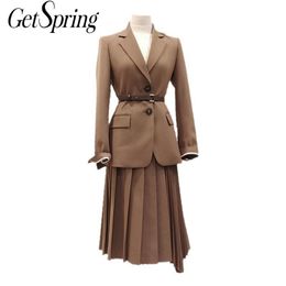 GETSPRING Coat Suit Coats Belt Split Blazers Jackets Camel Black All Match Vintage Summer Blazer Women 201201