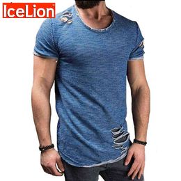 IceLion 2021 Summer Cotton T Shirt Men Fashion Hole Short Sleeve T-shirt Solid Slim Fit O Neck Tops Casual Tshirt DropShipping G1222