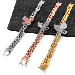 Iced Out Diamond Pink Butterfly Anklets Bracelets for Women Body Chain Jewelry Zircon Cuban Link Anklet Gold Silver