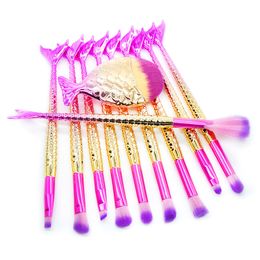 11PCS Mermaid Makeup Brushes Set Colourful Fish Tail Powder Foundation Eyebrow Eyeliner Blush Cosmetic Concealer Mermaid Brushes