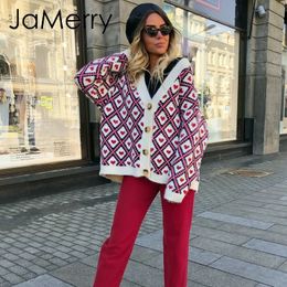 JaMerry Heart print knitted cardigan women Single breasted female sweater cardigan 2019 Autumn winter oversized cardigan jumper Y200722