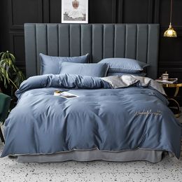 2019 New Product Solid Color 4 Pcs Bedding Set egyptian cotton Bedclothes Navy Blue Bed Linens Duvet Cover Set Bed Sheet/fitted T200706