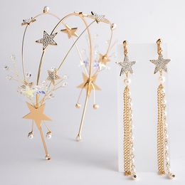 Golden Simple Crown With Earrings Stars Bridal Tiara Wedding Hair Accessories Headband Fashion Crowns Girl's Hair Jewelry Y200409