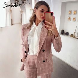 Simplee Fashion plaid women blazer suits Long sleeve double breasted blazer pants set Pink office ladies two-piece blazer sets 201030