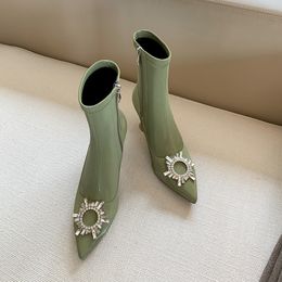 Hot sale-Ice silk sunflowers texture of women's boots 2020 new winter fashion boots low tube pointed green heels female boots