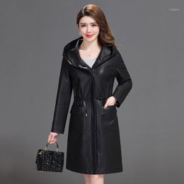 Women's Leather & Faux Women Hooded Long Jacket Ladies Washed Trench Coats Female Loose Zipper Outerwear Clothing Plus SIze1