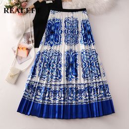 REALEFT Women Floral Printed Vintage Pleated Long Skirt 2020 New Arrival High Waist Harajuku Tulle A-Line Mid-Calf Skirts Ladies Y200704