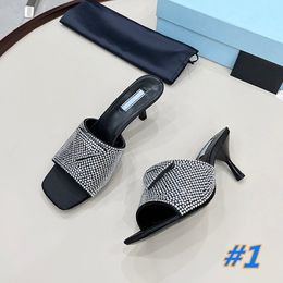 Summer 2022 new crystal diamond slippers iconic triangle logo square head high heels women's sandals wedding party shoes heel 6.0CM size 35-42