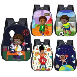 Cartoon Afrika Amerikanische Jungen drucken Kinder Schultaschen Braun Afro Science Jungen Kindergarten Rucksack Kleine Kleinkind Tasche Bücherbag LJ201029