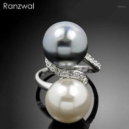 Ranzwal Fashion Big Double Simulated Pearl Rings for Women Rhinestone Inlay Finger Ring Jewelry Gifts US SIZE 6~91