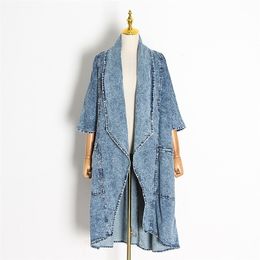 [EWQ] Female Clothing Overcoats Tide Vintage Denim Women Windbreaker Lapel Collar Half Sleeve High Waist Trench Coats Blue 201211