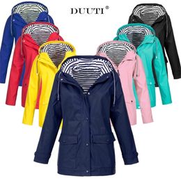S-5XL Plus Size Solid Colour Outdoor Jackets Hooded Raincoats Wind Jacket Waterproof Rain Jacket Long Coats Women Windbreaker D25 201211