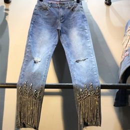 Holes Denim Pants Lady 2020 Spring Summer Clothing New Heavy Studded Bead-fringed Drilled High Waist Slim Nine-cent Jeans Girls LJ201029