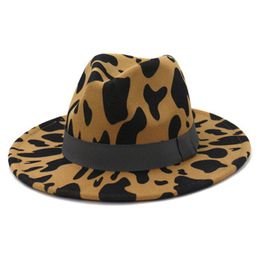 women hats winter autumn cow pattern spotted with ribbon band belt fedora hats felted jazz caps cute wide brim women winter hats