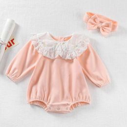0-3Yrs Infant Baby Rompers Girls Embroidery Long Sleeve Lace Collar Clothes Spring Autumn 210429