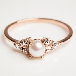 14kc Rose Gold Or Plated Plate Engagement Ring Pearl Wedding Rings - CZ Crystal Dainty Stacking Band Ring - Pearl Jewelry