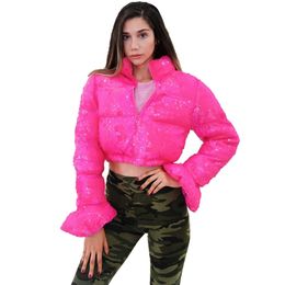 Cropped Puffer Jacket Pink Sequin Bell Sleeve Parka Bubble Coat Winter Fall Women XL XXL 201210