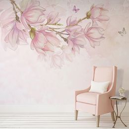 Custom 3D Wallpaper Murals Hand Painted Pink Flowers Wall Art Mural Pastoral Bedroom Living Room Photo Papers Home Decor