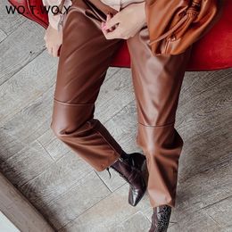 WOTWOY Elastic High Waist Fleece Straight Leather Pants Women Loose Patchwork Faux Leather Trouser Women Pockets Mujer Pantalone 201031