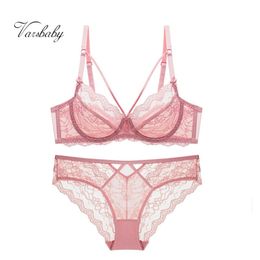 Varsbaby sexy plus size floral lace unlined underwear deep V hollow 3/4 cup underwire ABCDE cup bra set Y200708