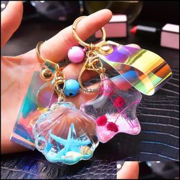 Keychains Fashion Accessories Creative Korean Version Quicksand Sequin Acrylic Oil Starfish Shell Keychain Magic Colour Laser Leather Rope Ba