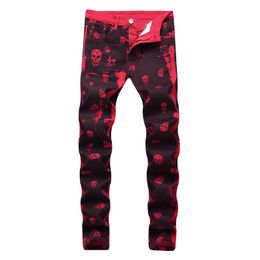 Autumn Men's Fashion Skeleton Skull Printed Night Club Personality Jeans Male Slim Fit Red Denim Pants Long Trousers,9001 201116