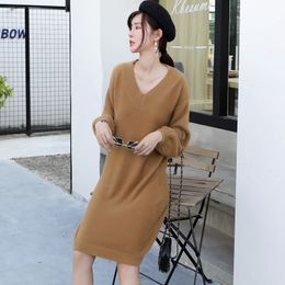 GIGOGOU V Neck Long Sleeve Sweater Dress Women Autumn Winter Loose Tunic Knitted Casual Clothes Above Knee Mini Solid Dresses 201030