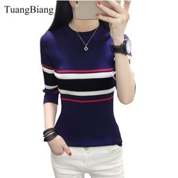 Spring Women Half Sleeve Sweaters Slim O-Neck Striped Pullovers Sweaters Female Autumn Elasticity Bottoming Cotton Jumpers 201221