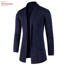 SITEWEIE Men's Lapel Cardigan Sweater Business Gentry Clothes Men Korean Trendy Slim Solid Colour Jacket Sweater Long Coat G437 201105