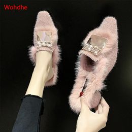 wohdhe Plush Women Mules High Heels Slippers Square Heels Slippers Fur Bling Soft Women Winter Slides X1020