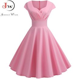 Pink Summer Dress Women V Neck Big Swing Vintage Dress Robe Femme Elegant Retro pin up Party Office Midi Dresses Plus Size LJ200808