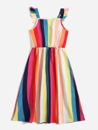 Toddler Girls 1pc Rainbow Striped Ruffle Trim Dress SHE