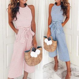 Plus Size Striped Wide Leg Jumpsuits Women Summer Sleeveless O-neck Pockets Rompers Bowknot Pants Overalls T200509