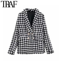 TRAF Women Tops Vintage Houndstooth Double Breasted Blazer Coat Fashion Long Sleeve Frayed Trims Outerwear Chic Plaid Jacket 201201