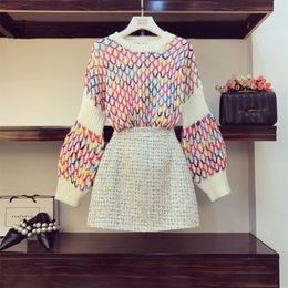 2019 Fall Winter New Contrast rainbow rhombic knit Sweater + Sexy Short Tweed Skirts Womens Elegant Skirts Two-piece Set Female T200702