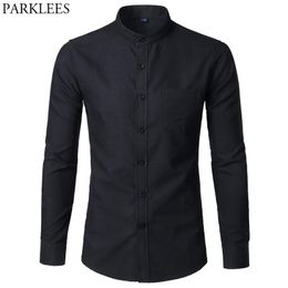 Men's Oxford Slim Fit Dress Shirt Brand Mandarin Collar Long Sleeve Chemise Homme Casual Buisness Office Shirt With Pocket Black 201120