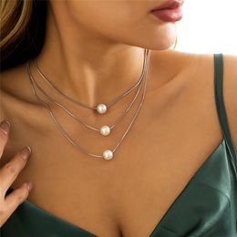 Simple Kpop Snake Chain Choker Necklace for Women Girl Wedding Vintage Pearl Ball Pendant Thin Link Jewellery Accessories