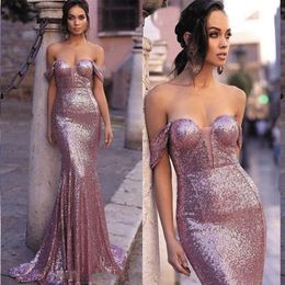 2021 New Cheap Sexy Sequins Sparkly Mermaid Evening Dresses Sequined Rose Pink Off Shoulder Keyhole Elegant Cheap Formal Party Pro2866