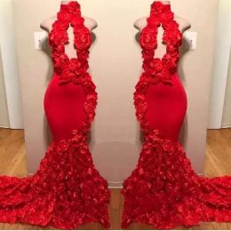 Red Prom Dresses Mermaid Handmade Flowers High Neck Sleeveless Custom Made Plus Size Evening Party Gown Vestidos Formal Ocn Wear 403 403