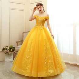2021 New Yellow Flowers Appliques Bateau Ball Gown Quinceanera Dresses Lace Up Sweet 16 Dress Debutante Prom Party Dress Custom Made 046