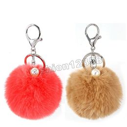 Pompons Pearl Keychain Women Car Bag Key Ring Jewelry Colors Trinket Fluffy Artificial Rabbit Fur Handbag Pendant Accessories