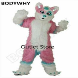 Mascot Costumes Long Fur Pink Husky Dog Fursuit Mascot Costume Fancy Easter Carnival Furry Suits Party Outfits Halloween Xmas Ad Clothes
