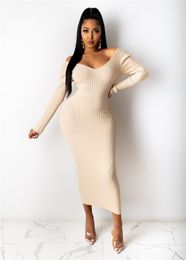 Fall Winter Knitted Ribbed Dresses Women Long Sleeve V Neck Bodycon dress Autumn Midi Skirts Hip package skirt Solid Party Club Wear 5750