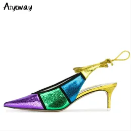 Aiyoway European Sexy Match Color PU Leather Mid Thin Heel Pumps Pointed Toe Cross Bandage Dress Shoes Female Big Size1