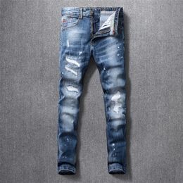 Italian Style Fashion Men Jeans High Quality Retro Blue Ripped Denim Long Trousers Elastic Slim Fit Vintage Designer Pants Homme 201223