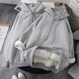 Women Winter Sweatshirts Coat Causal Warm Thick Fleece Pocket Solid Grey Black Female Hooded Coat Outerwear Harajuku BF Oversize 201212