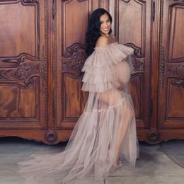 Hot Sale See Through Women Dress Off Shoulder Long Tulle Ruffles Pregnant Photo Shoot Dresses Plus Size Sheer Party Gown LJ200821